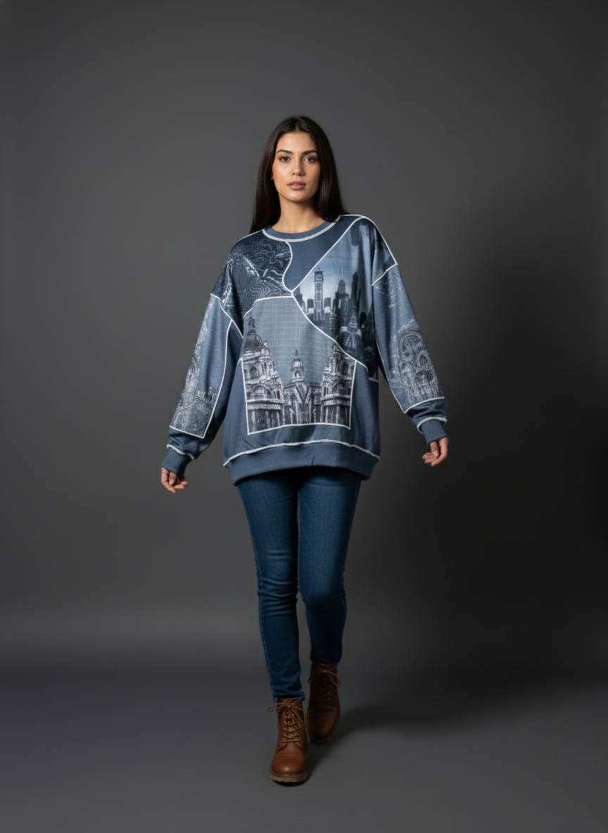 Cityscape Patchwork Printed Sweatshirt